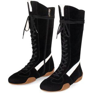 ⚡Women's Black Suede Lace Up Tall Boxing Boots Retro Style Knee High Sneakers